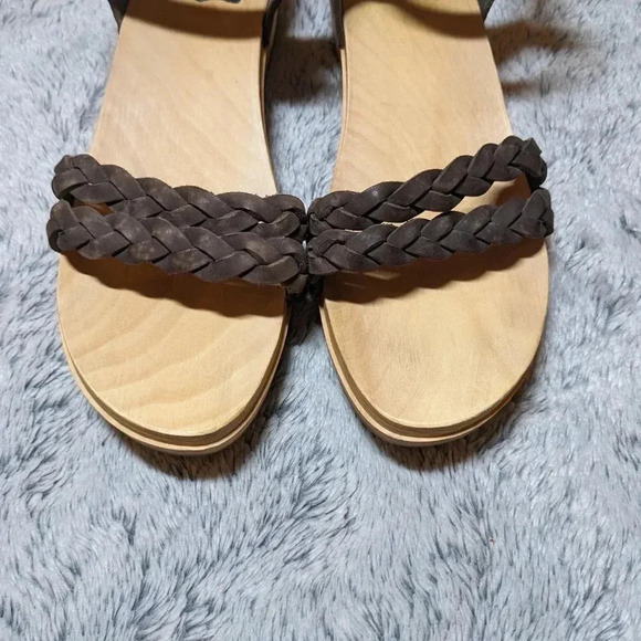 Swedish Hasbeens Brown Sandals Tan Wooden Leather Open Toe Clogs Size 40 US 10 - Picture 6 of 12